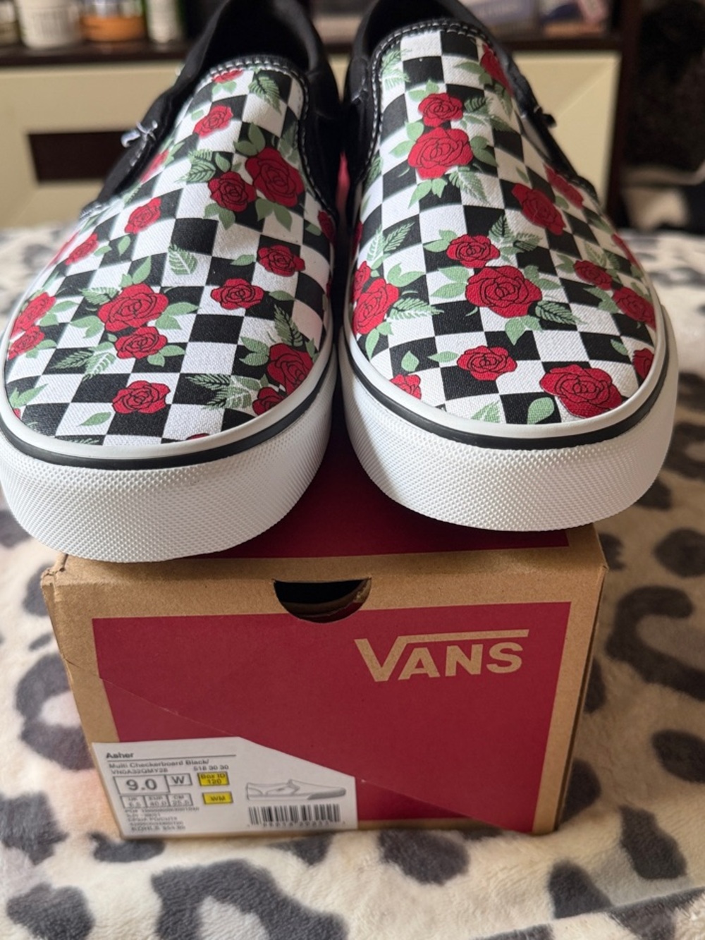 Vans Black & White Checkerboard Slip-On with Red Rose Print
